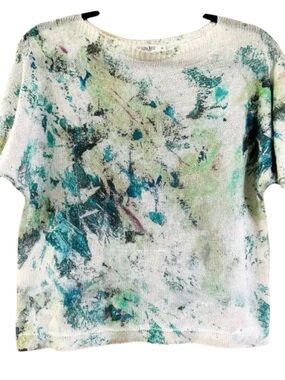 Luisa Rocci Women's Short Sleeve Abstract Print Top in White and Teal